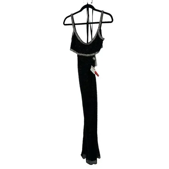 Mac Duggal Beaded Open Back Cut- Out Back Slit Gown Prom Dress Black Size 6 NWT
